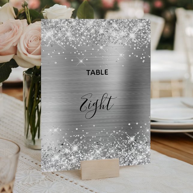 Cartão de Número de Mesa de Casamento em Folha de  (Glittery Silver Foil Wedding Table Number 5x7 Card)