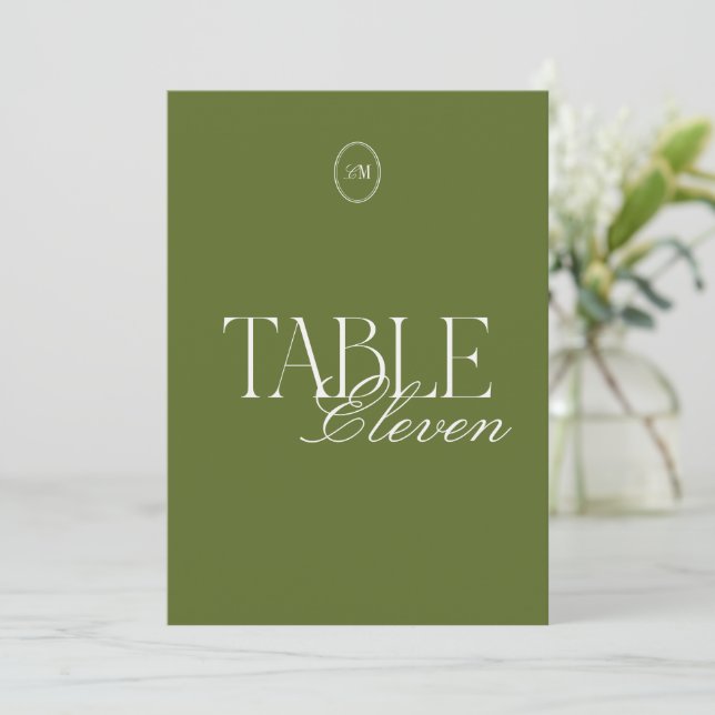 Cartão de Número de Mesa de Casamento em Verde Oli (Em pé/Frente)