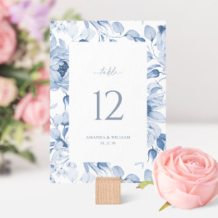 Cartão de Número de Mesa de Casamento Floral Azul