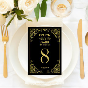 Cartão de Número de Mesa de Casamento Preto Dourad