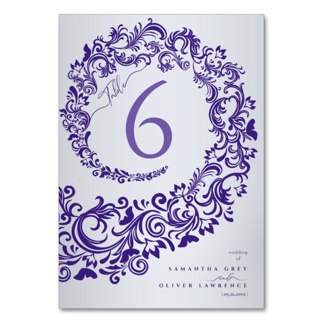 Cartão de Número de Mesa de Casamento Roxo Elegant (Frente)