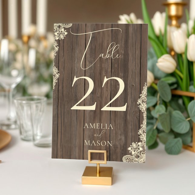 Cartão de Número de Mesa de Noivado com Renda de M (Wood Lace Wedding Rustic Table Number Card)