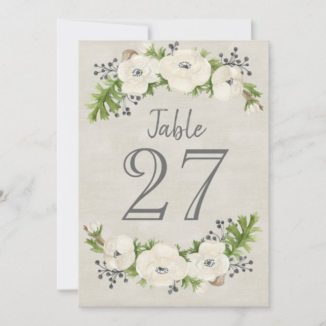 Cartão de Número de Mesa Floral Aquarela Anêmona B (Frente)
