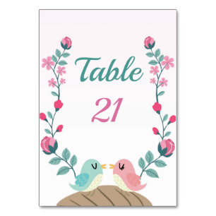 cartão de número de mesa floral de pássaros de amo
