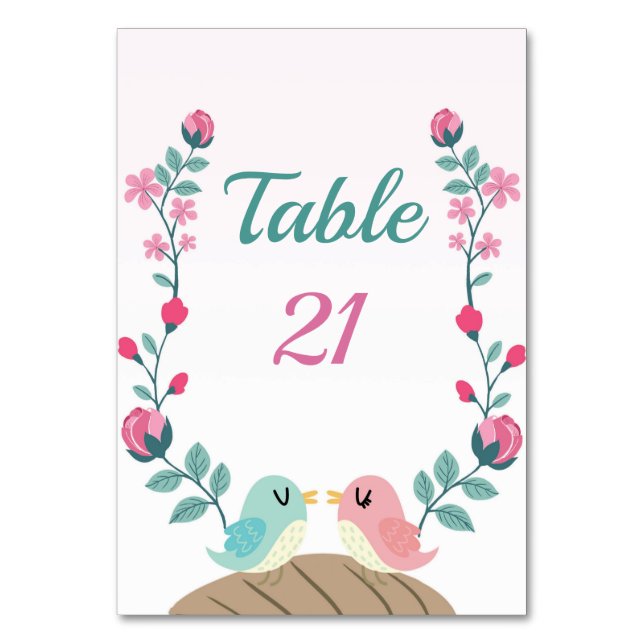 cartão de número de mesa floral de pássaros de amo (Frente)