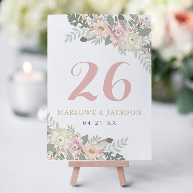 Cartão de Número de Mesa Floral Rosa Bege Dourado (Criador carregado)