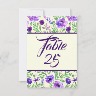 Cartão de Número de Mesa Floral Roxo e Verde