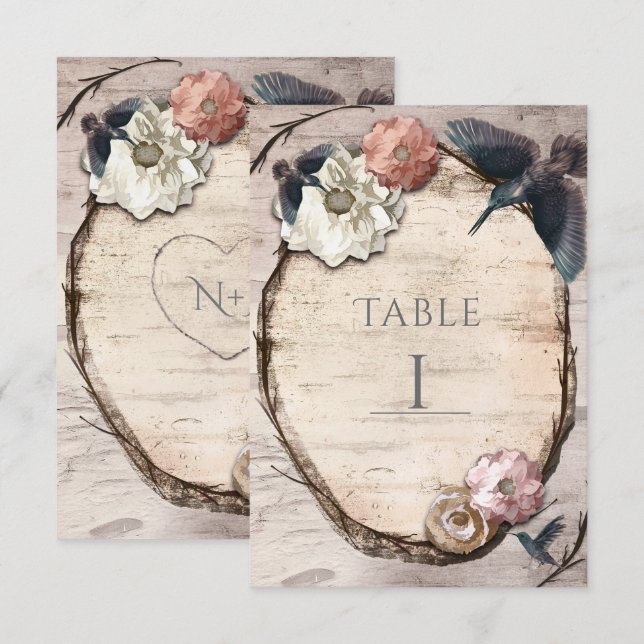 Cartão de Número de Mesa Rustic White Birch & Humm (Frente/Verso)