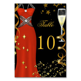 Cartão de Número de Mesa Vermelho Vestido Dourado