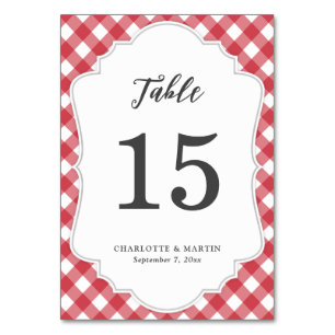 Cartão de Número de Tabela Casada de Gingham Verme