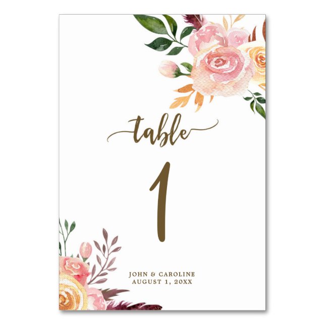 Cartão de número de tabela de casamento boho flora (Frente)