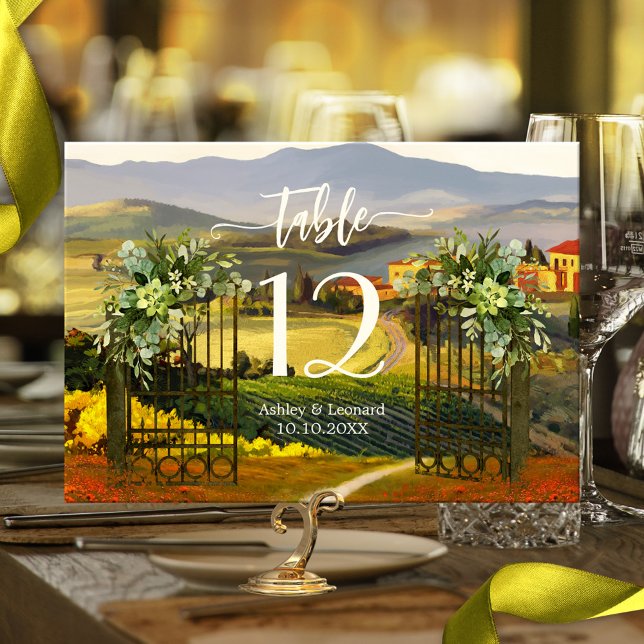 Cartão de Número de Tabela de Casamento de Belas A (Wedding table number card featuring a painting  of a Tuscan Italian landscape)