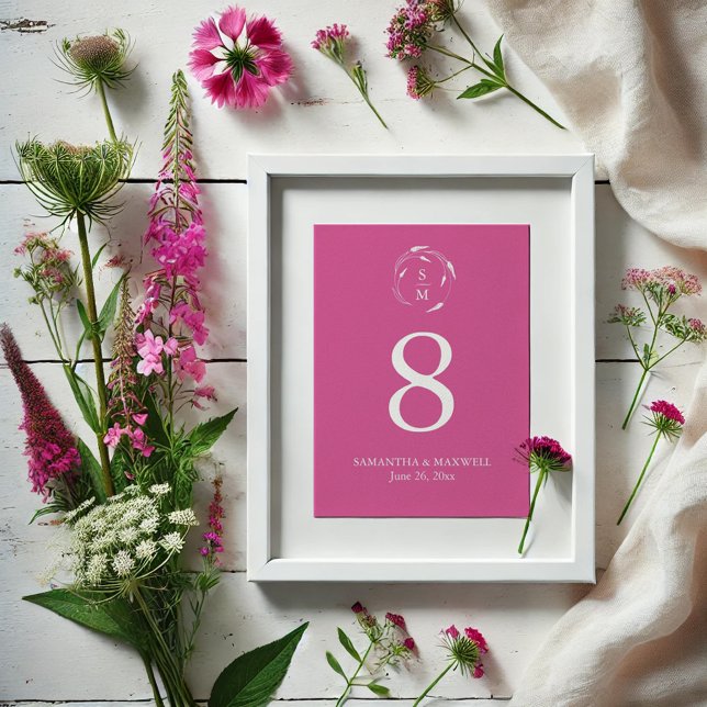 Cartão de Número de Tabela de Casamento de Monogra (Vibrant pink table number card with wildflower line art by Victoria Grigaliunas)