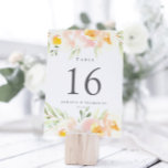 Cartão de Número de Tabela Personalizada Floral<br><div class="desc">Cartões de números de tabela de gráficos de jardim apresentam uma borda de flores de cor d'água pastel e folhagem verde de menta, moldando seu número de tabela em cinzas elegantes. Personalize com seus nomes e data de casamento, ou nomeie cada mesa para um toque pessoal extra. Design repete-se no...</div>