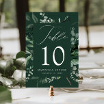 Cartão de Número de Tabela Verde Abundante<br><div class="desc">Cartões de mesa de casamento elegantes e botânicos com o número da tabela, seus nomes e data de casamento aninhados em um quadro retangular cercados por eucalipto, samambaias e outros ricos verdes com um fundo verde escuro. Personalize o número de cada placa de mesa e adicione-o ao seu carrinho. Os...</div>