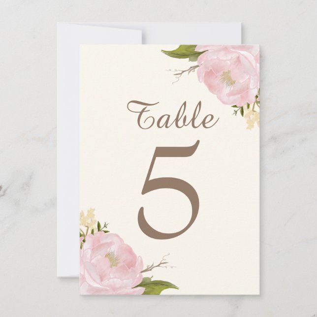 Cartão de Números de Mesa de Casamento com Peônias (Frente)
