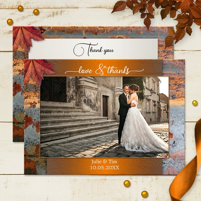 Cartão de Obrigados de Amor com Fotografia de Casa (Wedding Thank You photo card, featuring your own wedding photo framed by a rustic industrial design)