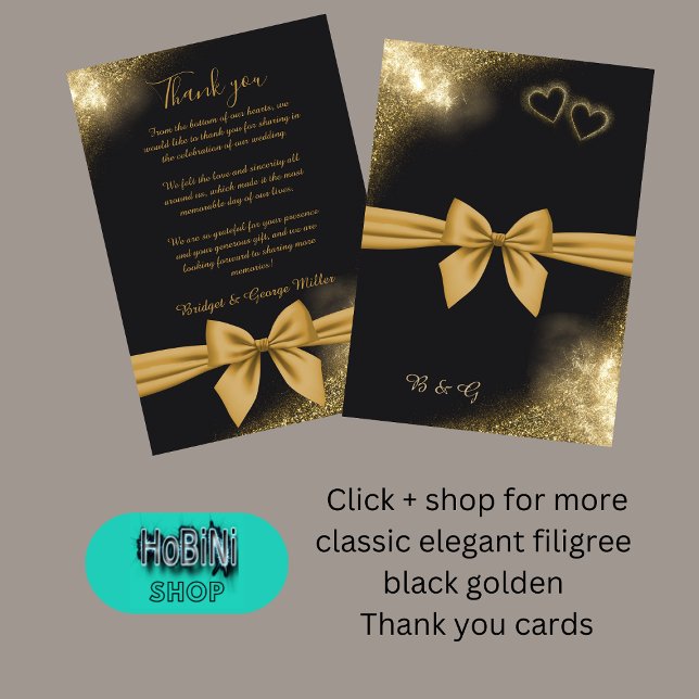 cartão de obrigados de casamento ouro preto elegan (classic elegant filigree black golden wedding thank you cards)