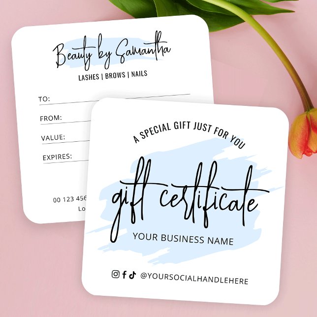 Cartão de Oferta Comercial Trendente do Logotipo d (Light blue watercolor business gift cards with fully customizable colors and text)