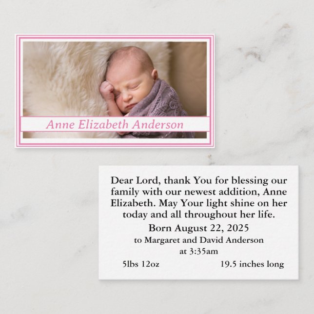 Cartão de Oração de Anúncio de Nascimento (Frente/Verso)