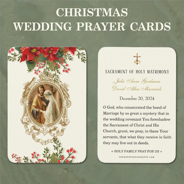 Cartão de Oração de Casamento Católico de Poinsett (Catholic Christmas Wedding Prayer Cards with Red Poinsettias)