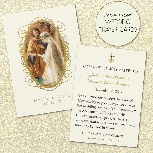 Cartão de Oração de Casamento Católico Dourado Ele (Personalized Traditional Catholic Wedding Prayer Cards)