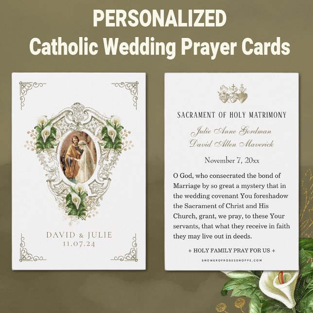 Cartão de Oração de Casamento Floral Católico (Traditional Catholic Personalized Wedding Prayer Cards with Calla Lilies)