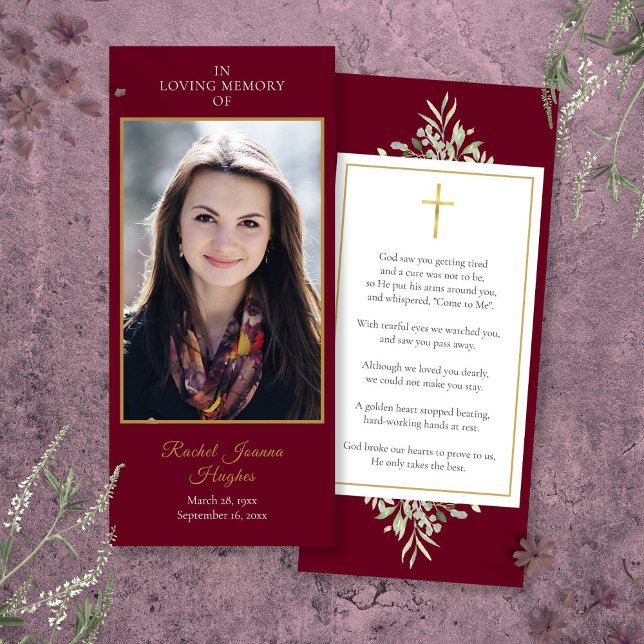 Cartão de Oração de Foto de Funeral (Funeral Memorial Photo Greenery Prayer Card)