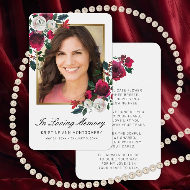 Cartão de Oração de Foto de Script Preto de Simpat (Red Rose Floral Memorial Card with a photo and also a poem on the back)
