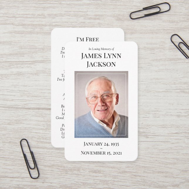 Cartão de Oração de Foto Memorial - Estou Livre (Frente/Verso In Situ)