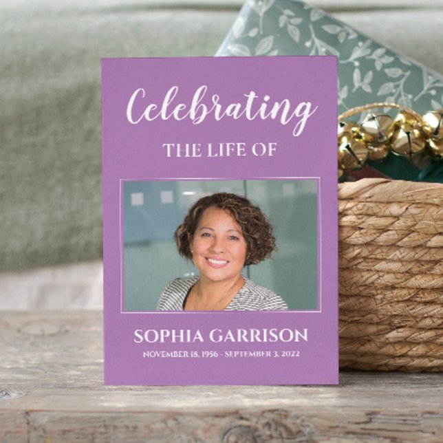 Cartão de Oração de Funeral Branco Roxo com Foto (Criador carregado)