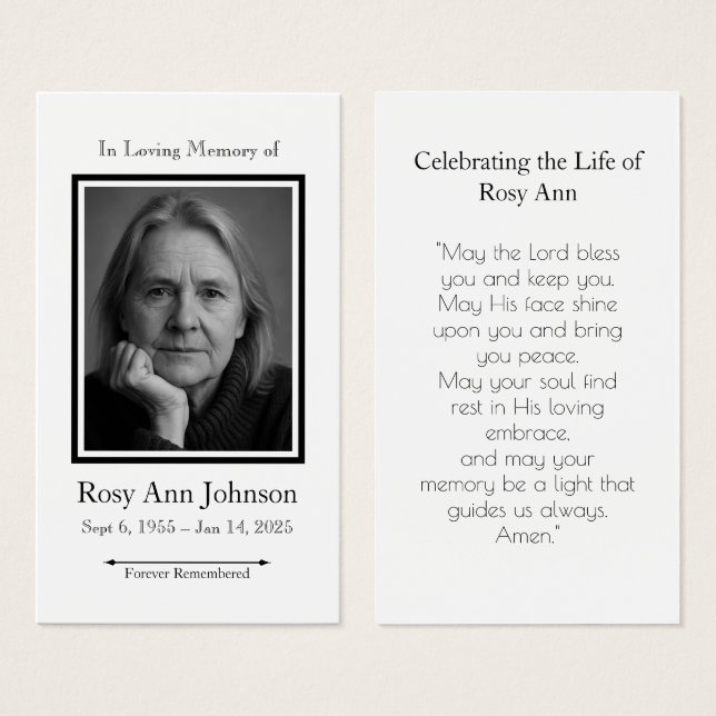 Cartão de Oração Fotográfica Funeral Personalizado (Frente & Verso)
