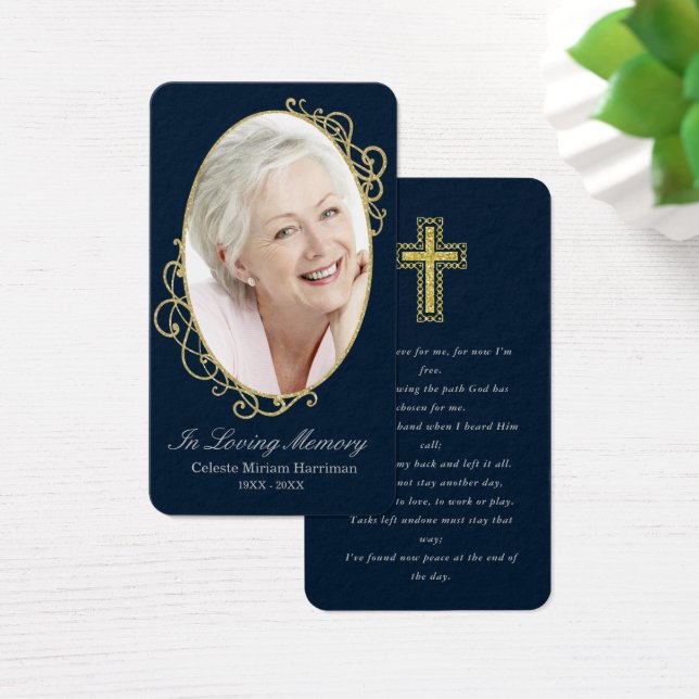 Cartão de Oração Funeral de Foto Dourada Azul Escu (Mesa)