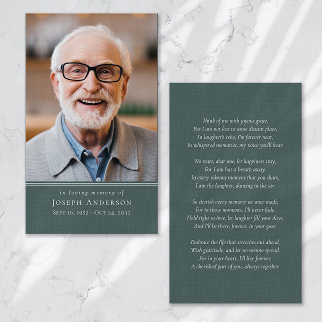Cartão de Oração Funeral de Foto Linen Verde (Criador carregado)