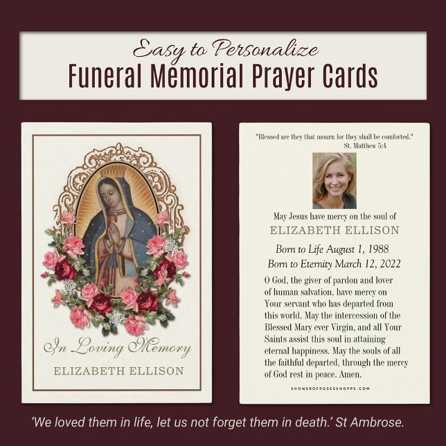Cartão de Oração Funeral Floral Católico Guadalupe (Our Lady of Guadalupe Traditional Catholic Funeral Memorial Prayer Cards)