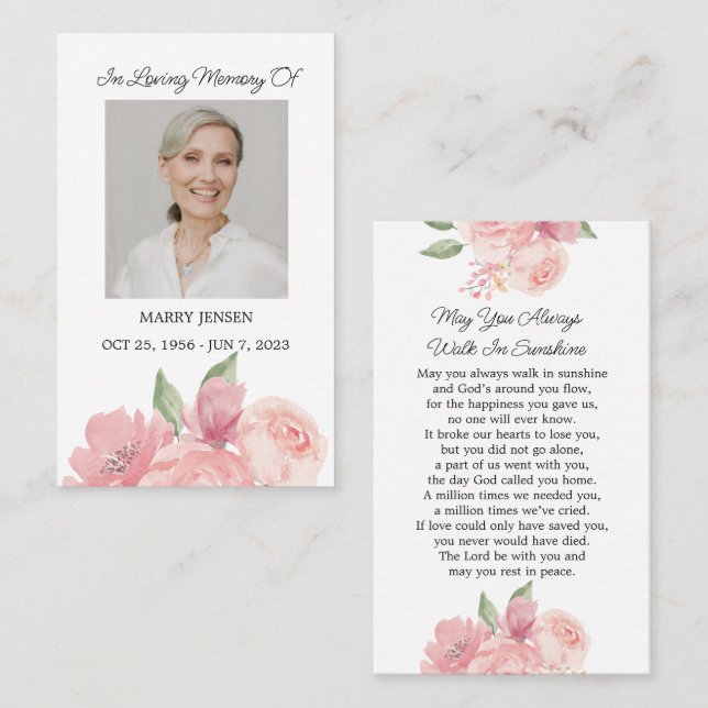 Cartão de Oração Funeral Fotográfico rosa para Mem (Frente/Verso)
