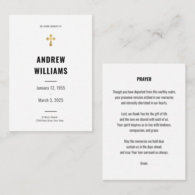 Cartão de oração funerário preto e branco simples (Frente/Verso)