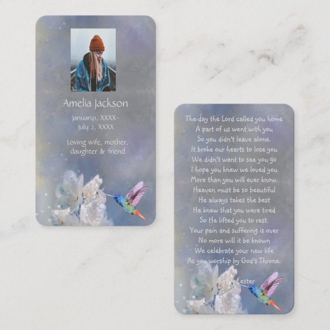 Cartão de Oração Memorial Beija-flor Flores Branca (Frente/Verso)