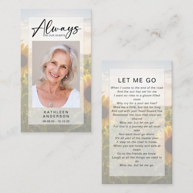 Cartão de Oração Memorial | Girassóis (Frente/Verso)