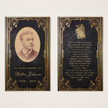 Cartão de Oração Vintage Preto Dourado de Funeral 