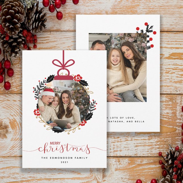 Cartão de Ornamento de Foto Feliz de Natal (Criador carregado)