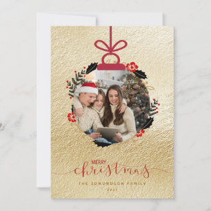 Cartão de Ornamento de Fotos de Natal Dourado