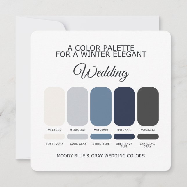 Cartão de Paleta de Cores de Casamento Azul e Cinz (Frente)