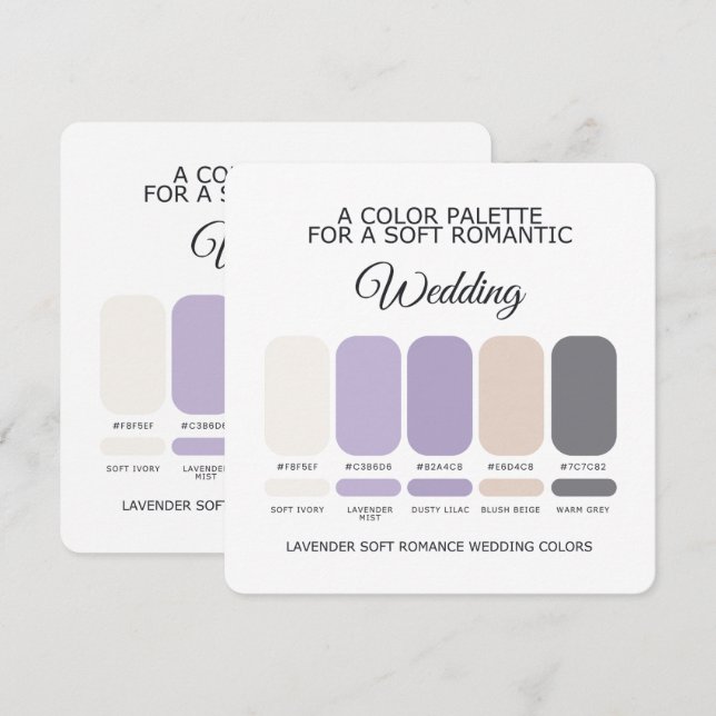 Cartão de Paleta de Cores de Casamento Lavanda (Frente/Verso)