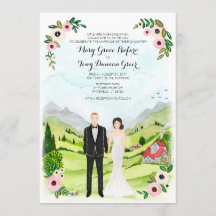 Cartão de Panorama de Casamento Portrait Ilustrado