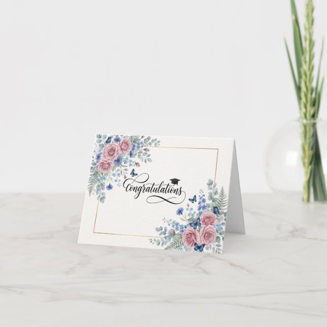 Cartão de Parabéns de Formatura com Flores Rosa (Frente)