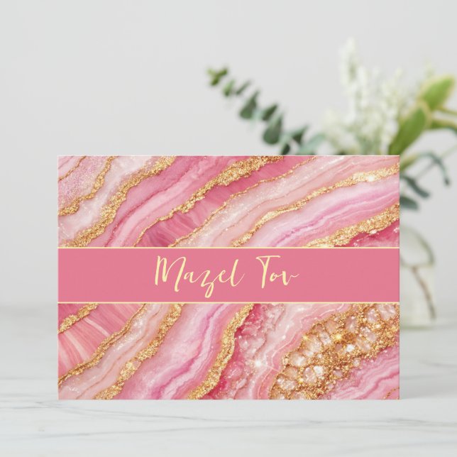 Cartão de Parabéns Mazel Tov, Dourado Rosa Chic (Em pé/Frente)