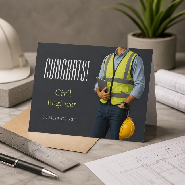 Cartão de Parabéns para Engenheiro Civil (Modern civil engineer congratulations card with a clean industrial-inspired design.)