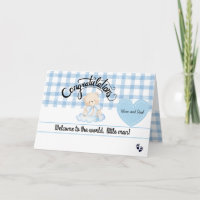 Cartão de Parabéns para Novo Bebê Menino, Urso Azu