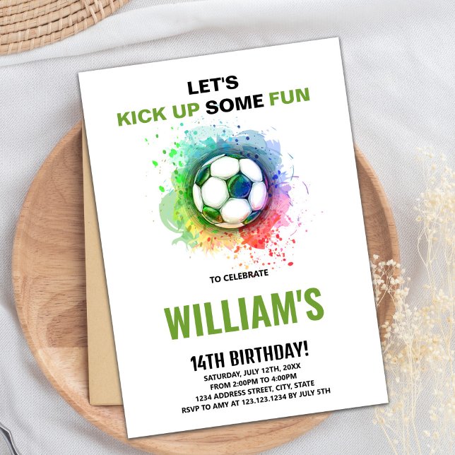 Cartão de Partido Esportivo para Meninos Editáveis (Watercolor Soccer Birthday Invitations)